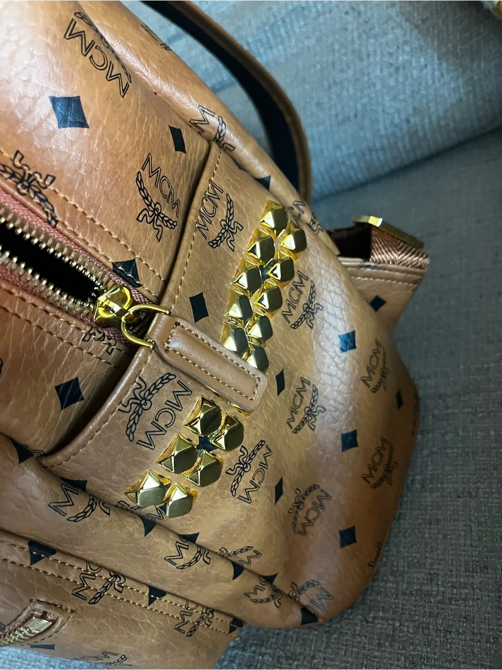 MCM Cognac Logo Visetos Backpack with Gold Hardware
